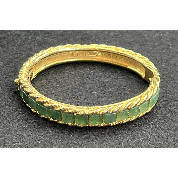 Swoboda Jewelry - Vintage Swoboda Hinged Goldtone Channel Set Jade Bangle Bracelet